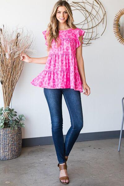 Heimish Full Size Tiered Leopard Round Neck Blouse with Ruffled Detail Plus Size Blouses