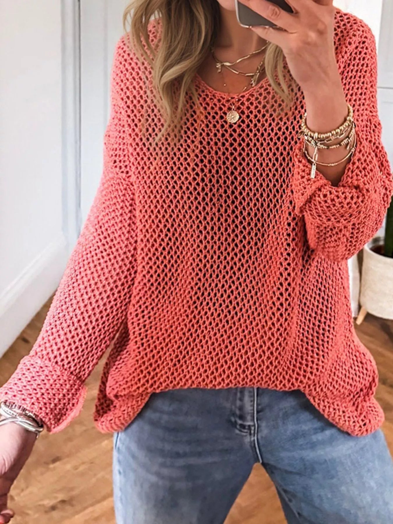 Coral crochet hollow out long sleeve knit top sweater