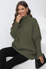 Olive green turtleneck sweater with ribbed detailing and balloon sleeves