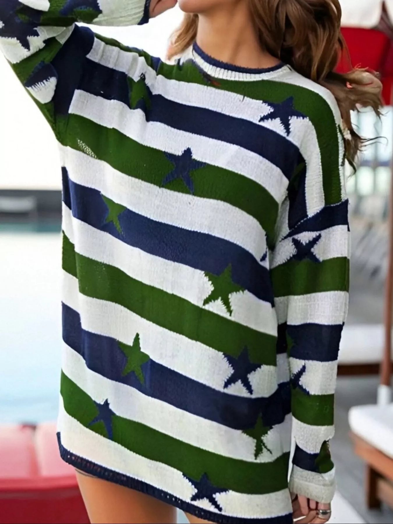 Daverri Stars and Stripes long-sleeve sweater in green navy stripes stars