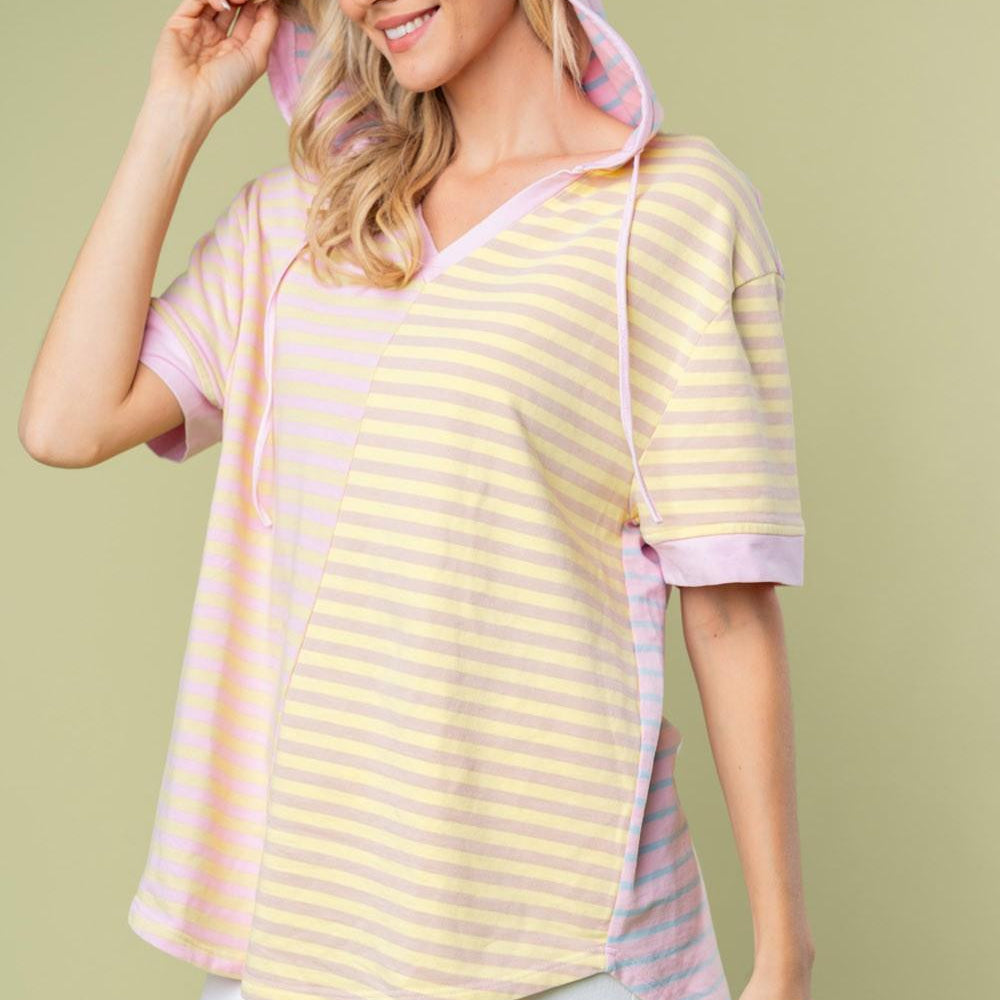 Pink Combo S Striped Short Sleeve Drawstring Hooded Top | Tops Daverri Fashions