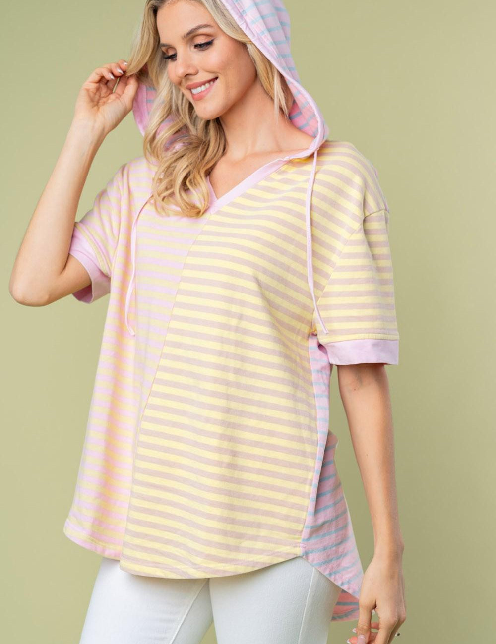 Striped Short Sleeve Drawstring Hooded Top Pink Combo S Shirts & Tops