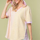 Striped Short Sleeve Drawstring Hooded Top Pink Combo S Tops