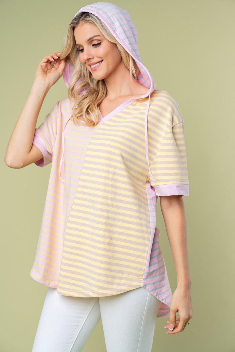 Striped Short Sleeve Drawstring Hooded Top Pink Combo S Tops