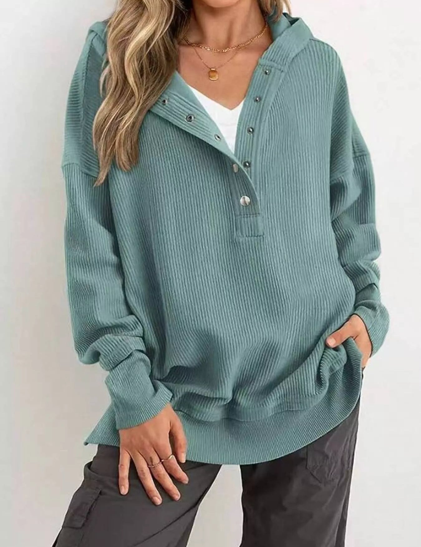 French Blue Half Snap Long Sleeve Hoodie | Hoodies Daverri Fashions