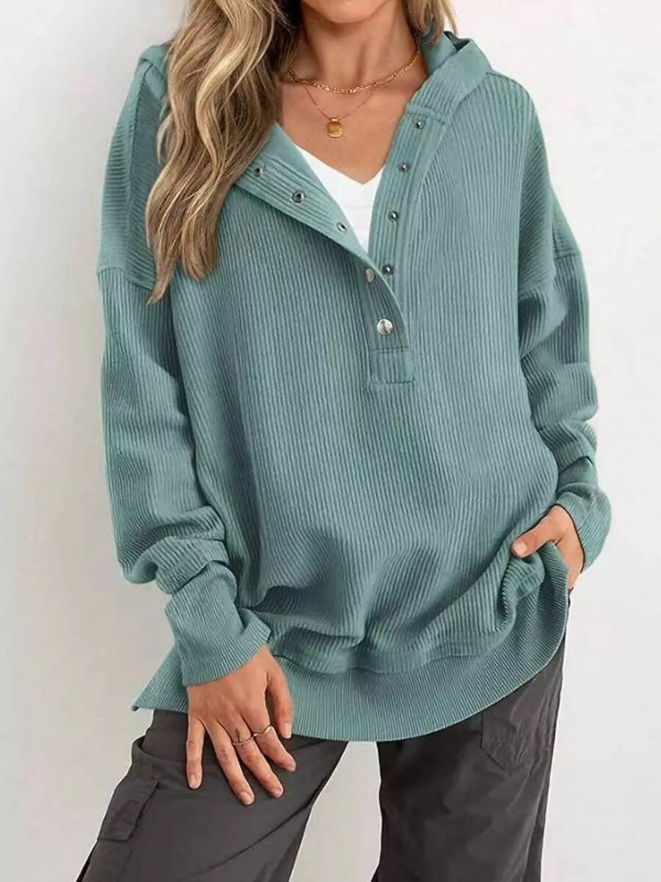 French Blue Half Snap Long Sleeve Hoodie | Hoodies Daverri Fashions