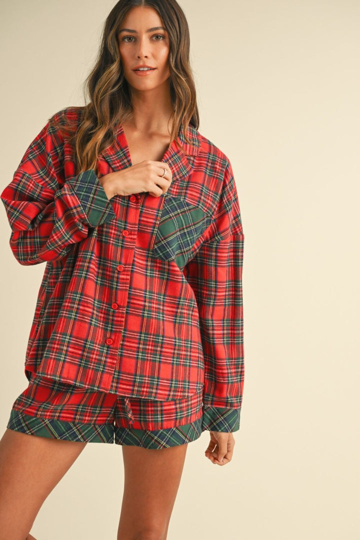 Annie Wear Contrast Plaid Long Sleeve Top and Shorts Set Short Sets