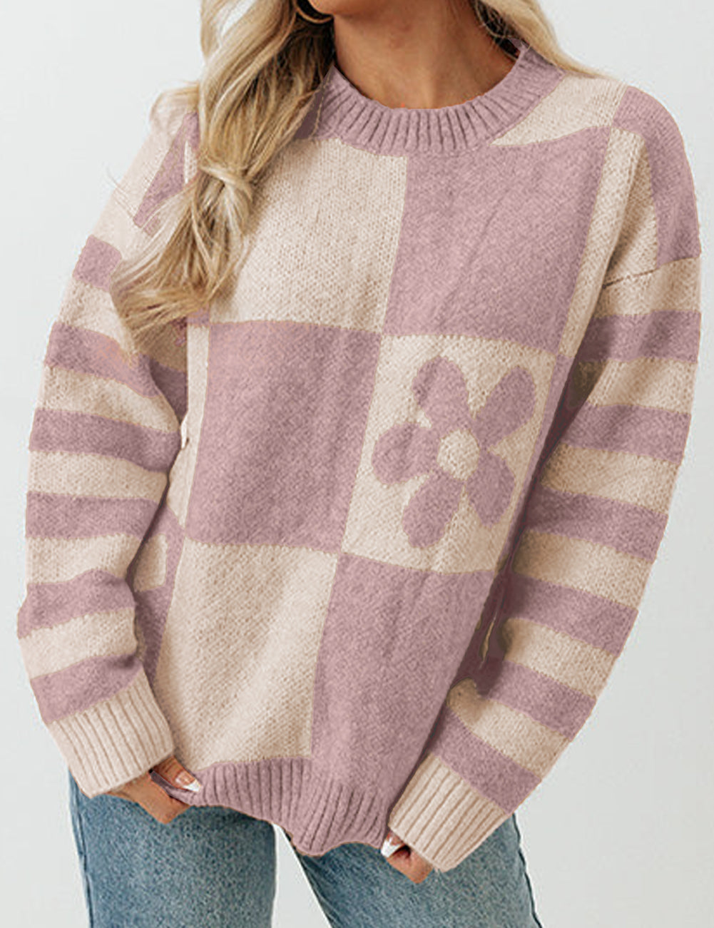 Orchid Petal 100%Polyester Checkered Floral Print Striped Sleeve Sweater | Sweaters Daverri Fashions