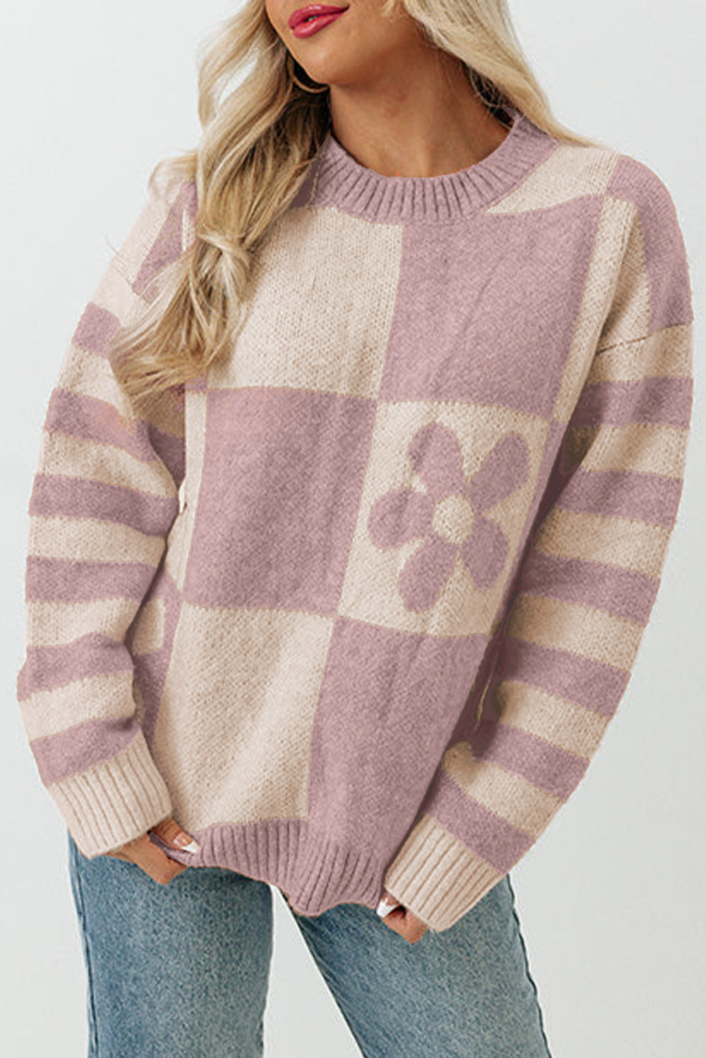 Orchid Petal 100%Polyester Checkered Floral Print Striped Sleeve Sweater | Sweaters Daverri Fashions