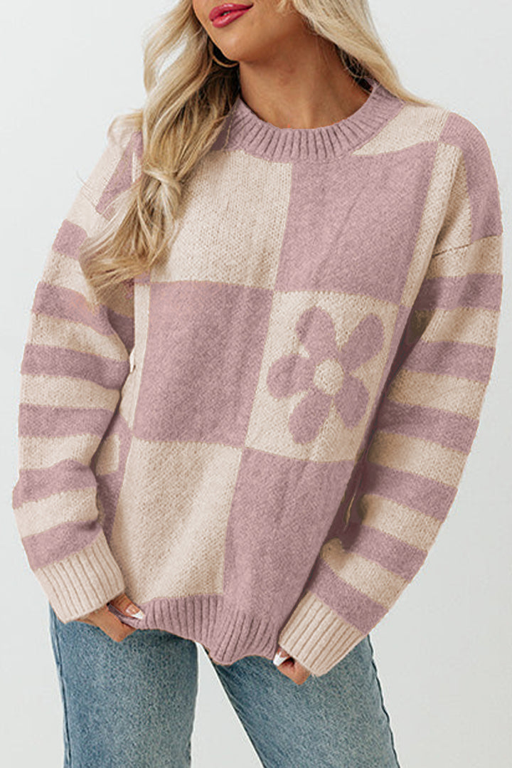 Orchid Petal 100%Polyester Checkered Floral Print Striped Sleeve Sweater | Sweaters Daverri Fashions
