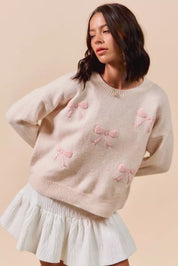 SO ME Embroidered Ribbon Round Neck Sweater | Sweaters Daverri Fashions
