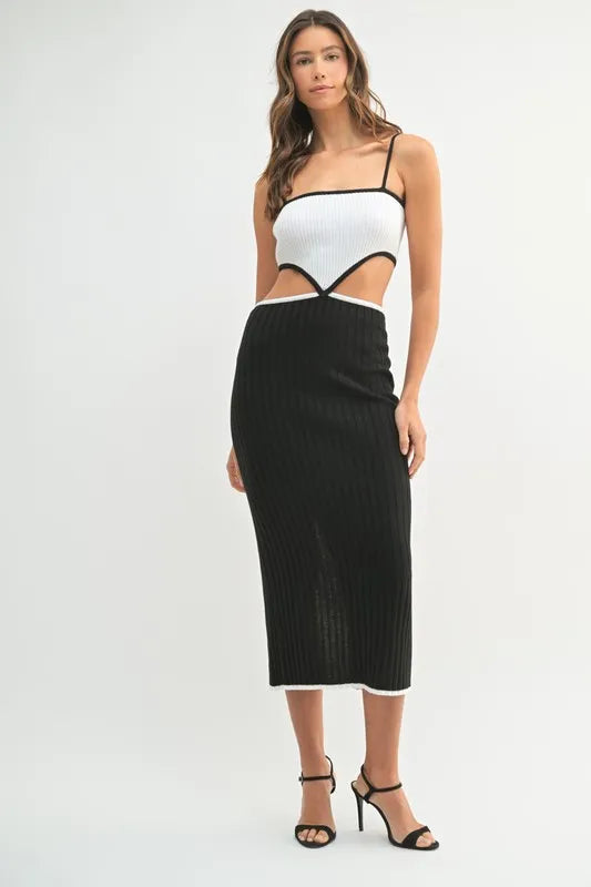 MABLE Black Ribbed Knit Color Block Cutout Midi Dress Midi Dresses