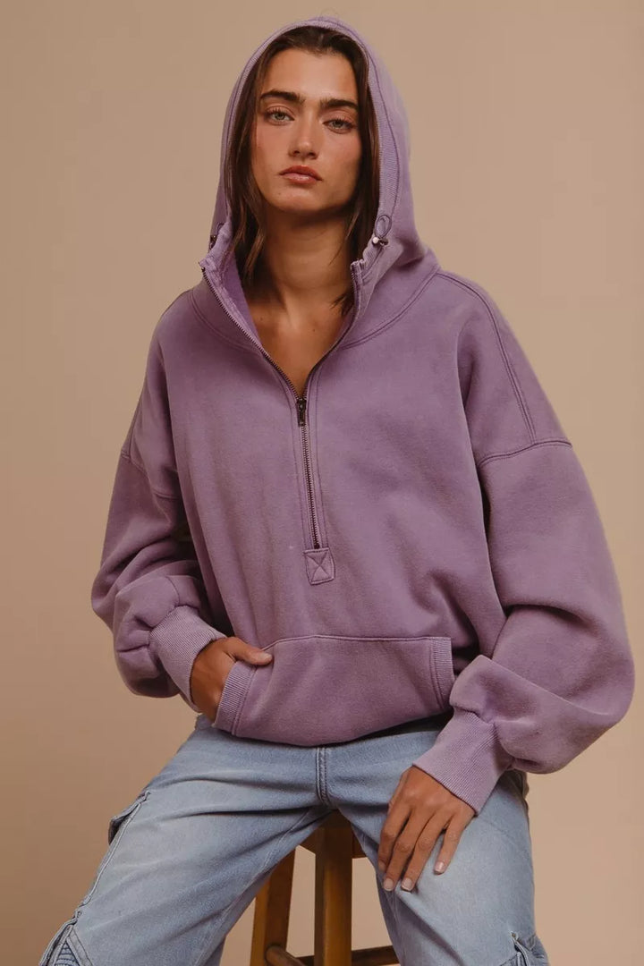 BiBi Stitch Detailed Elastic Hem Half Zip Fleece Hoodie | Hoodies Daverri Fashions