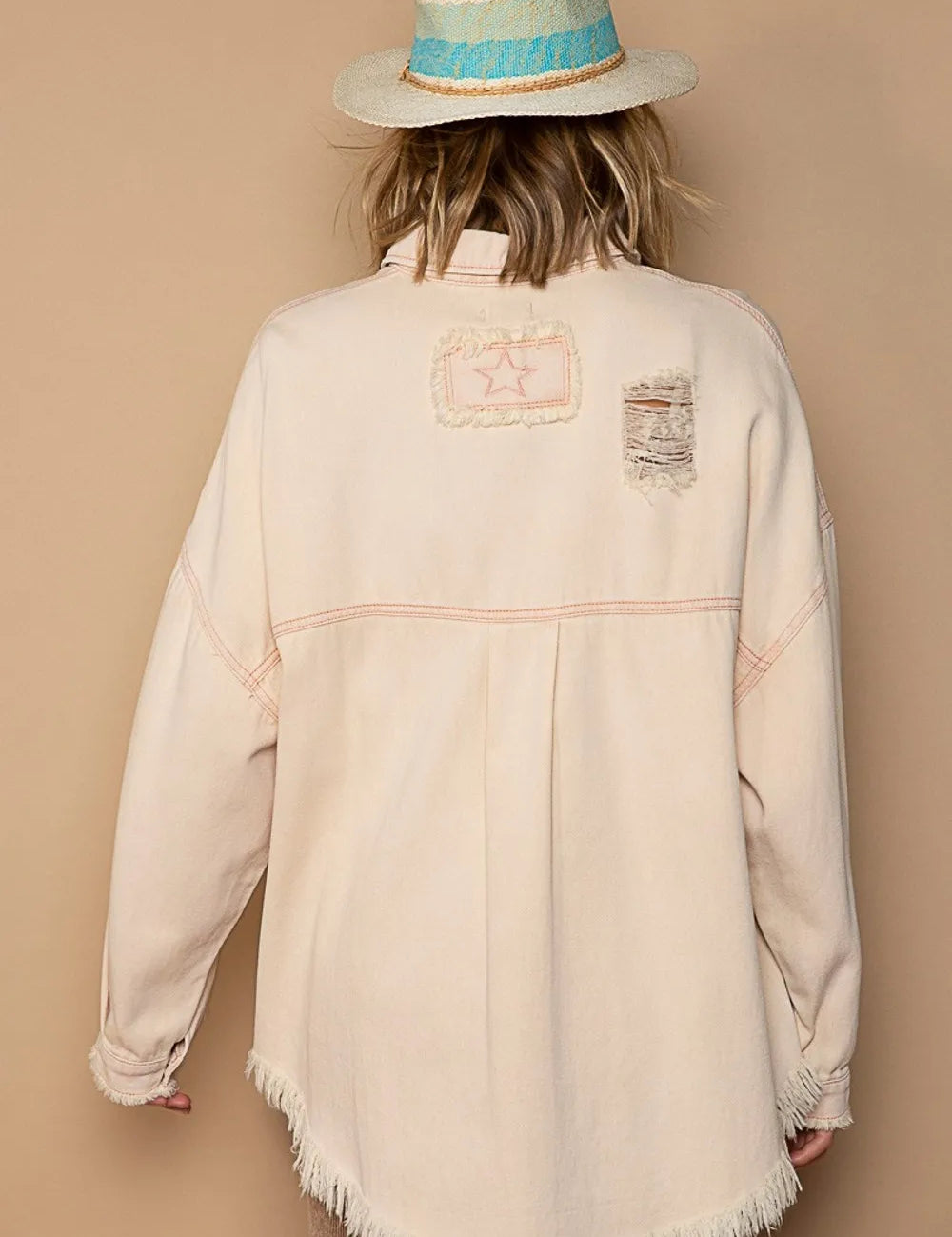 POL Button Down Raw Hem Distressed Shacket | Shackets Daverri Fashions