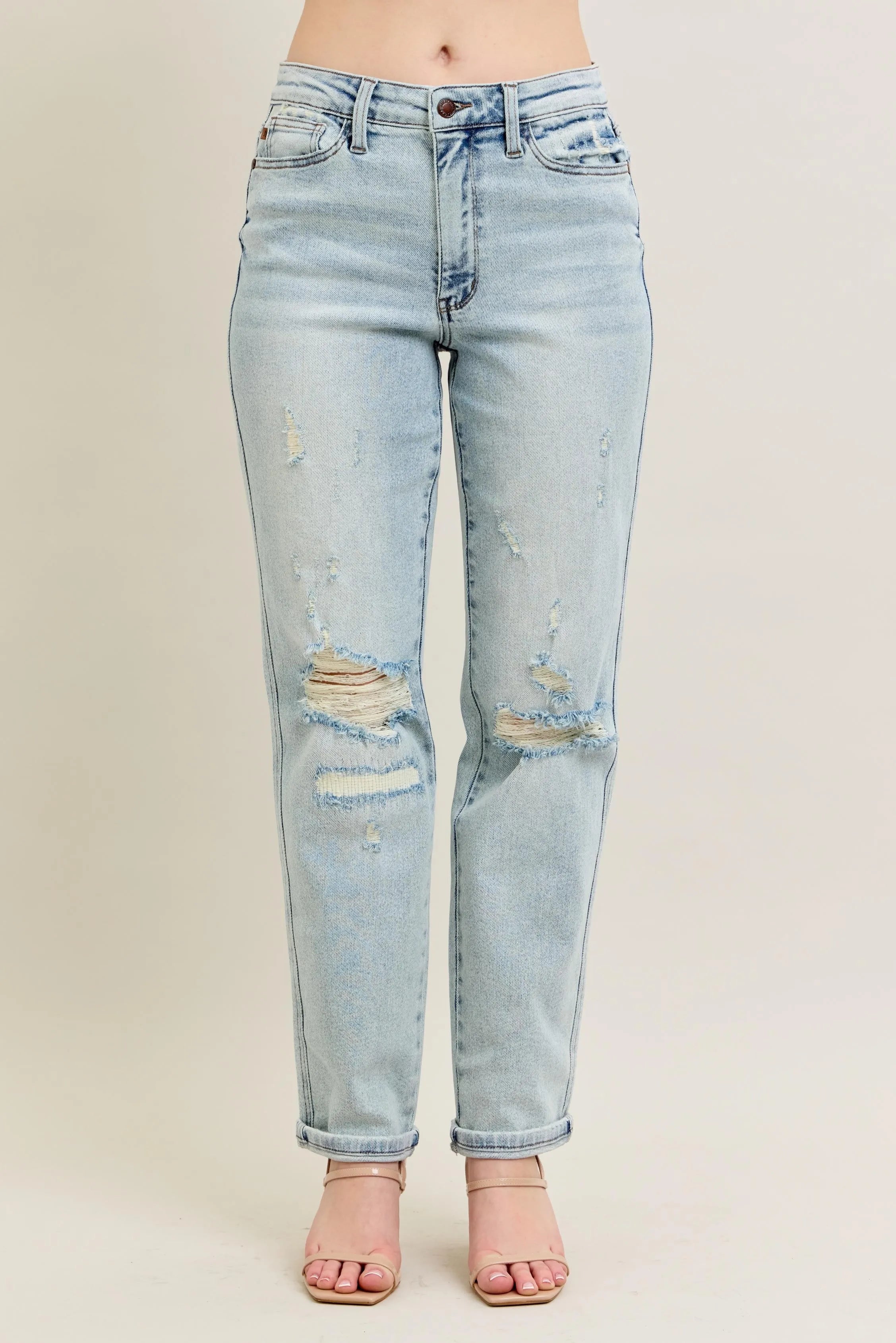 Judy Blue Full Size Mr Repair Stitch Detail Destroy Single Cuff Bf Jeans Plus Size | Jeans Daverri Fashions
