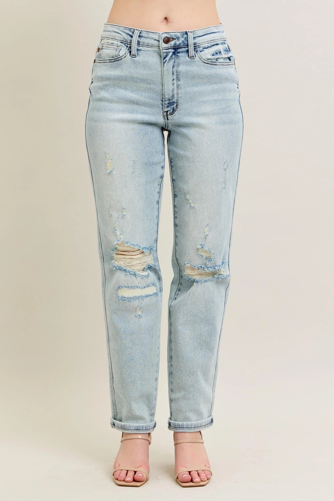 Judy Blue Full Size Mr Repair Stitch Detail Destroy Single Cuff Bf Jeans Plus Size | Jeans Daverri Fashions