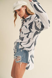 Aemi + Co High-Low Printed Button Up Long Sleeve Shirt | Daverri Fashions