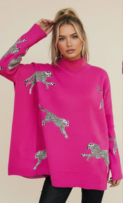 Side Slit Loose Fit Cheetah Print Mock Neck Sweater