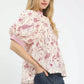 Umgee mixed print puff sleeve split neck top in soft off-white with pink florals and red-white striped cuffs