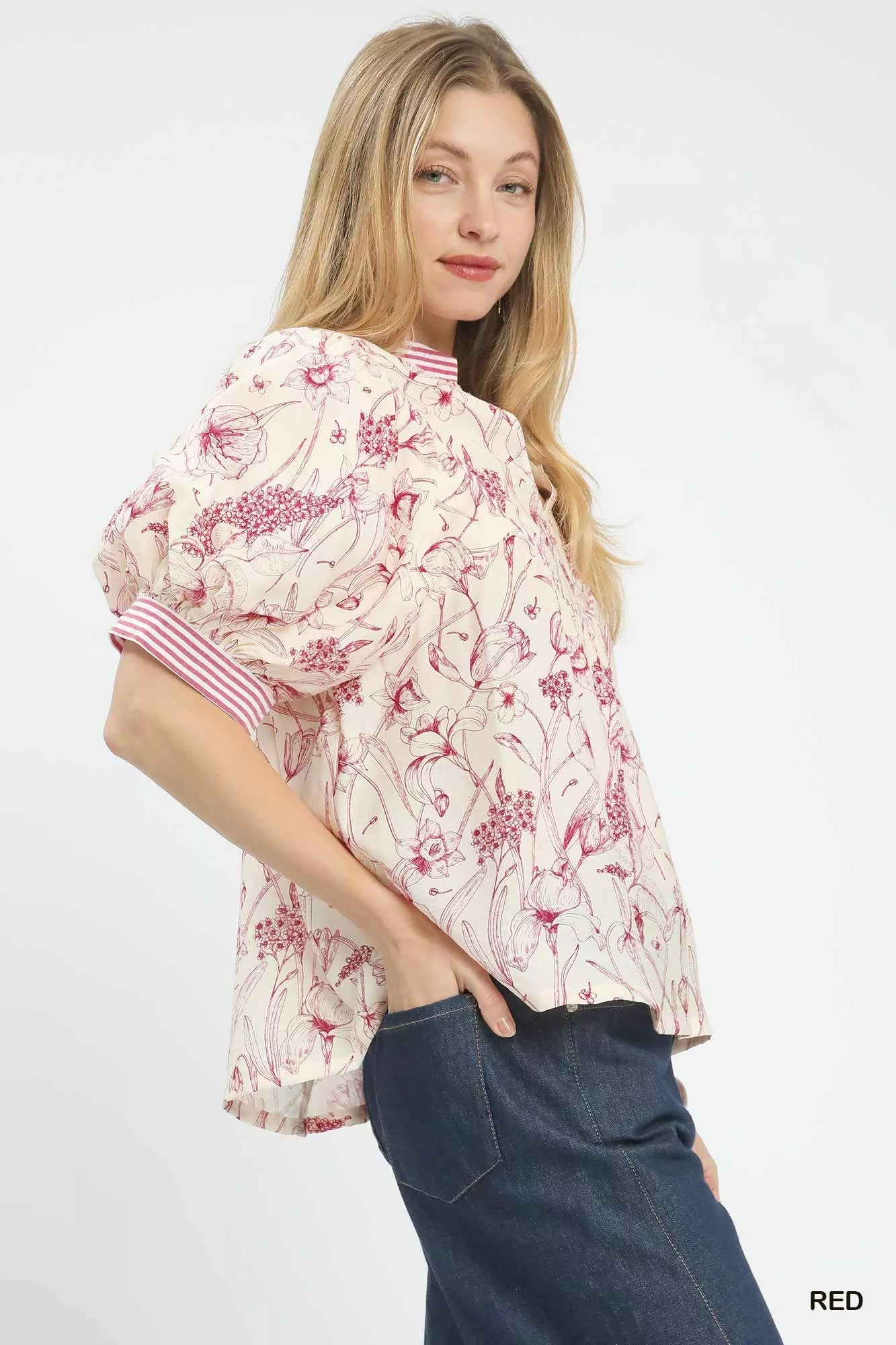Umgee mixed print puff sleeve split neck top in soft off-white with pink florals and red-white striped cuffs