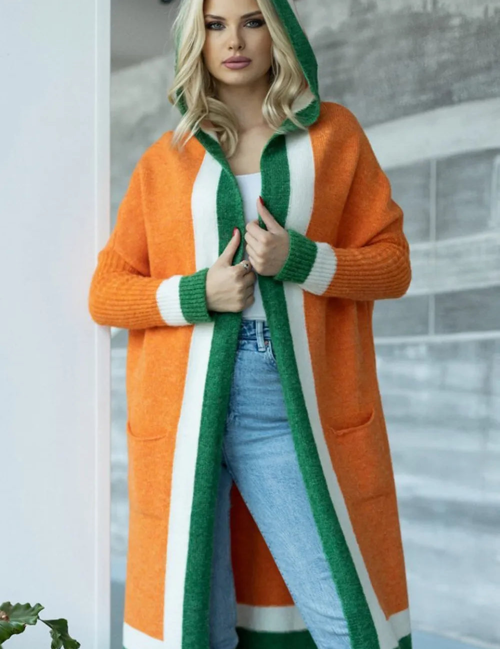 Orange One Size Pocketed Contrast Long Sleeve Hooded Cardigan | Cardigans Daverri Fashions