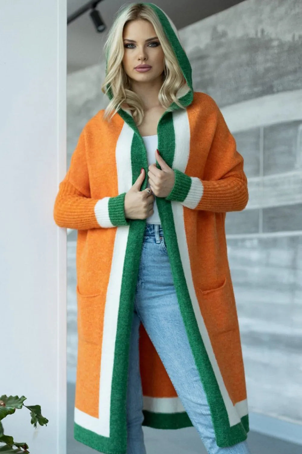 Orange One Size Pocketed Contrast Long Sleeve Hooded Cardigan | Cardigans Daverri Fashions