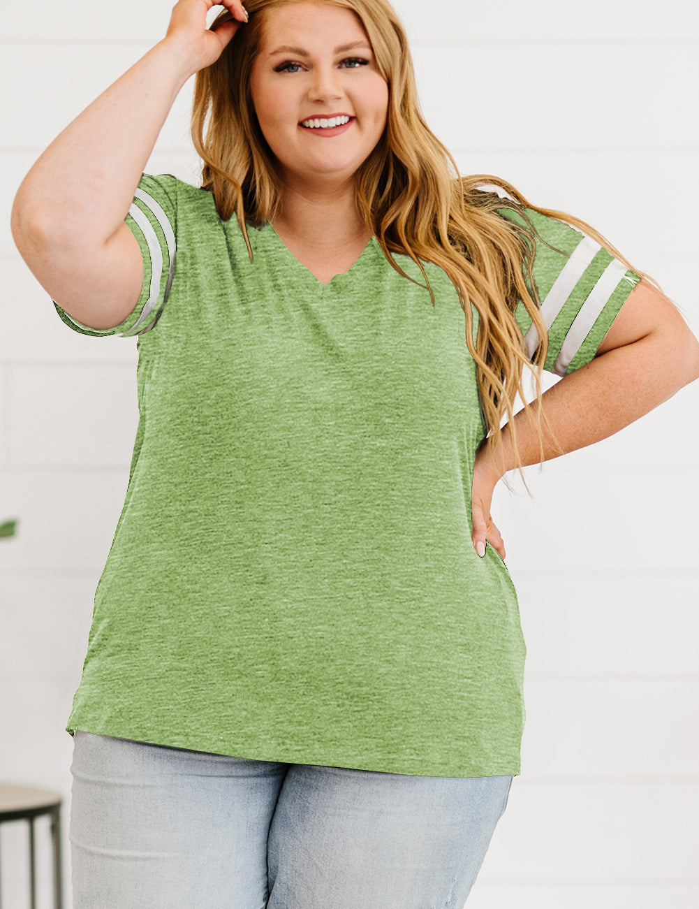 Lime Plus Size Striped V-Neck Tee Shirt | T-Shirts Daverri Fashions