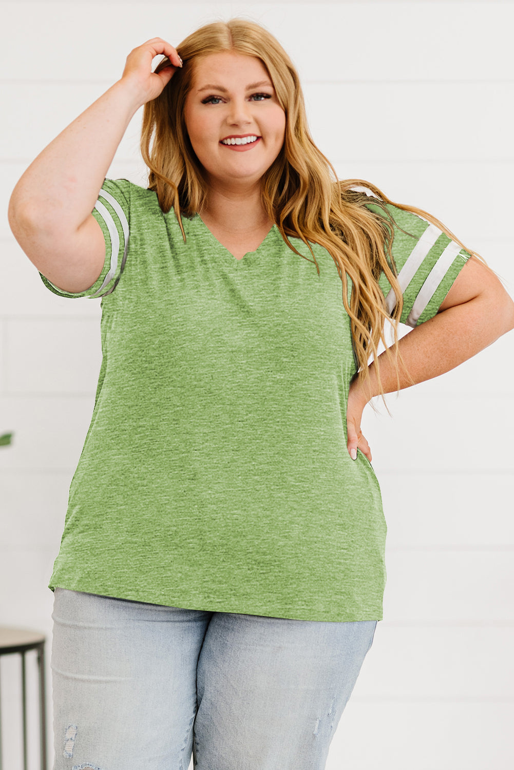Lime Plus Size Striped V-Neck Tee Shirt | T-Shirts Daverri Fashions