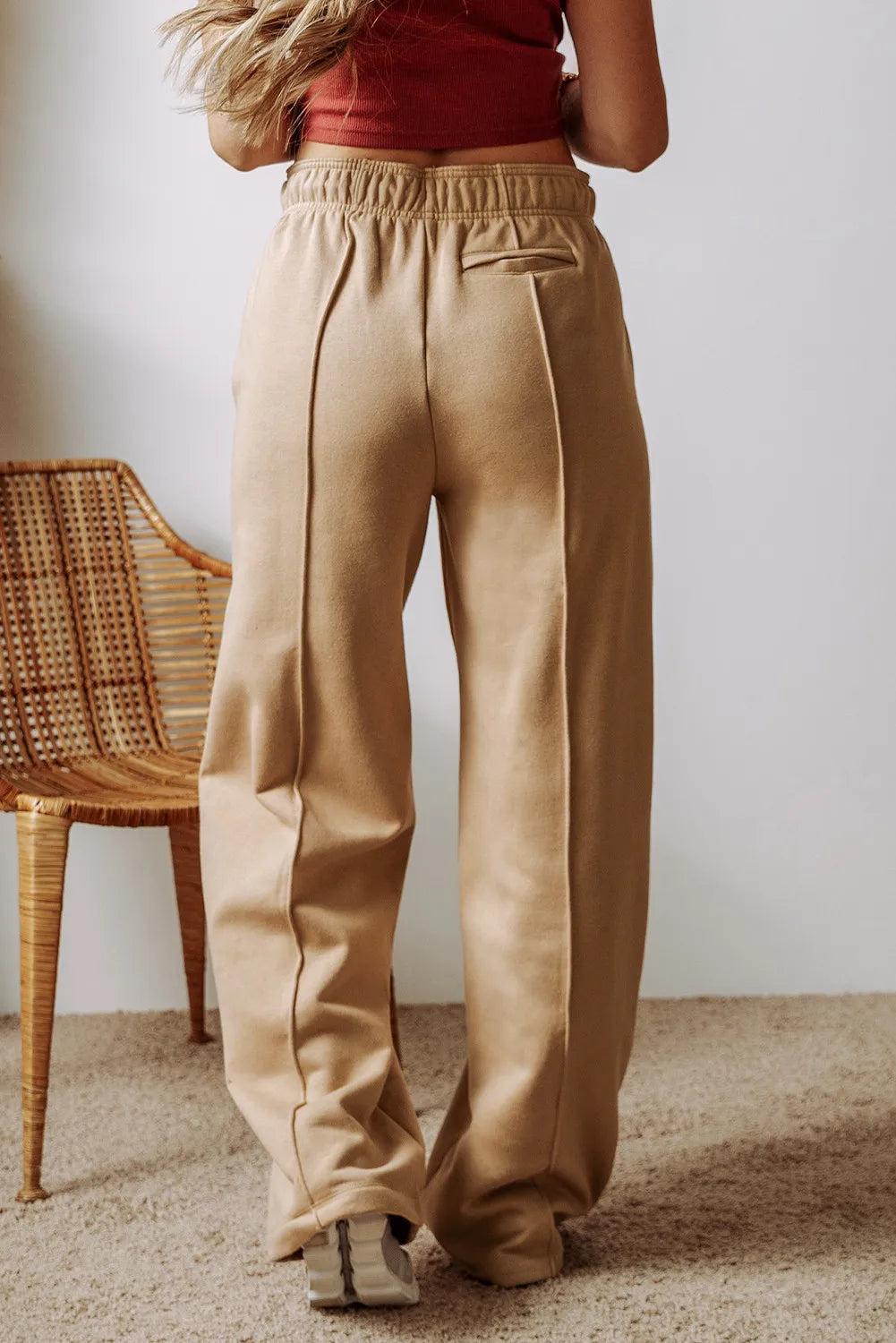 Women’s tan drawstring waist wide leg pants with pockets