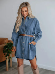 Medium Button Up Collared Neck Long Sleeve Denim Dress | Daverri Fashions