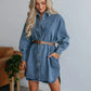 Button Up Collared Neck Long Sleeve Denim Dress - DAVERRI FASHIONS