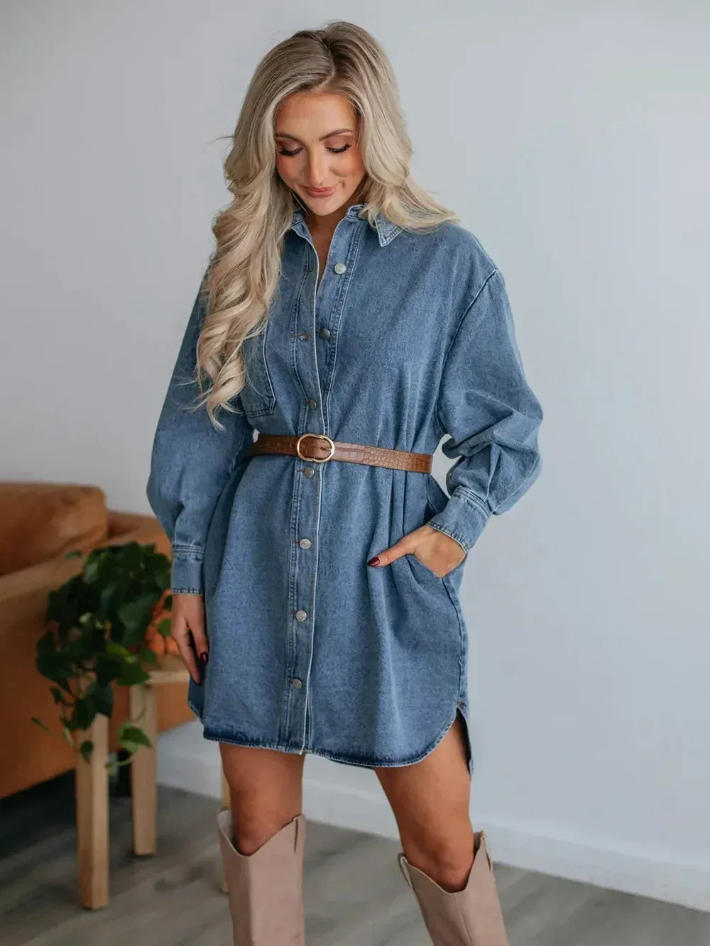 Button Up Collared Neck Long Sleeve Denim Dress - DAVERRI FASHIONS