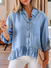 Daverri half sleeve ruffled high low chambray shirt in light blue denim