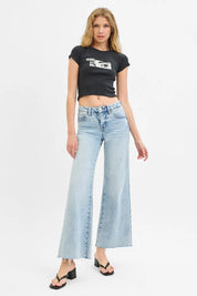 RISEN Full Size Tummy Control Low Rise Wide Leg Raw Cut Hem Jeans Plus Size | Jeans Daverri Fashions
