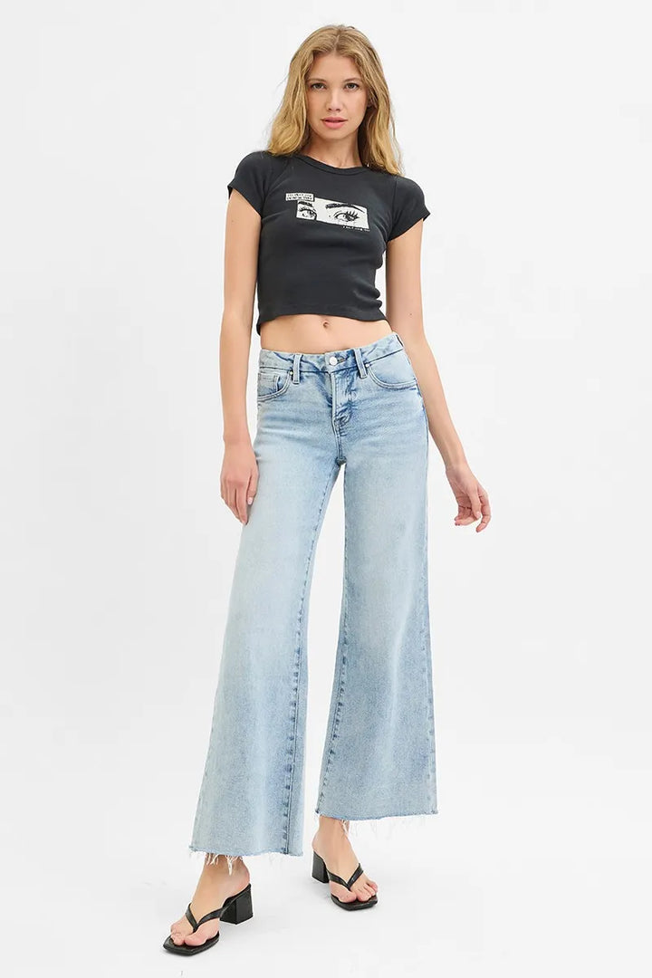 RISEN Full Size Tummy Control Low Rise Wide Leg Raw Cut Hem Jeans Plus Size Jeans