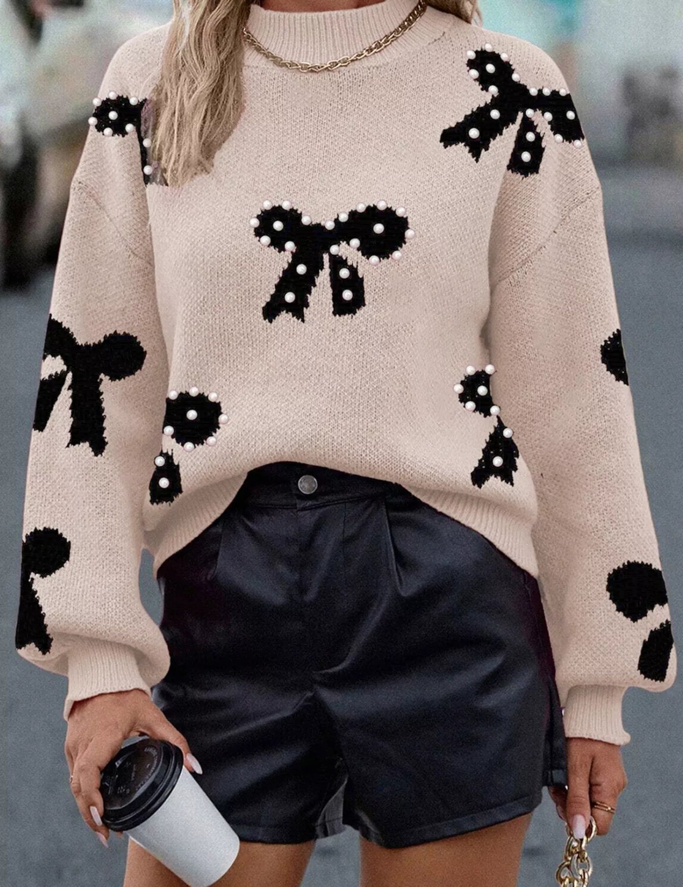 Dust Storm Pearl Embellished Bow Pattern Loose Sweater | Sweaters Daverri Fashions