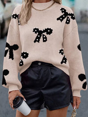 Dust Storm Pearl Embellished Bow Pattern Loose Sweater | Sweaters Daverri Fashions