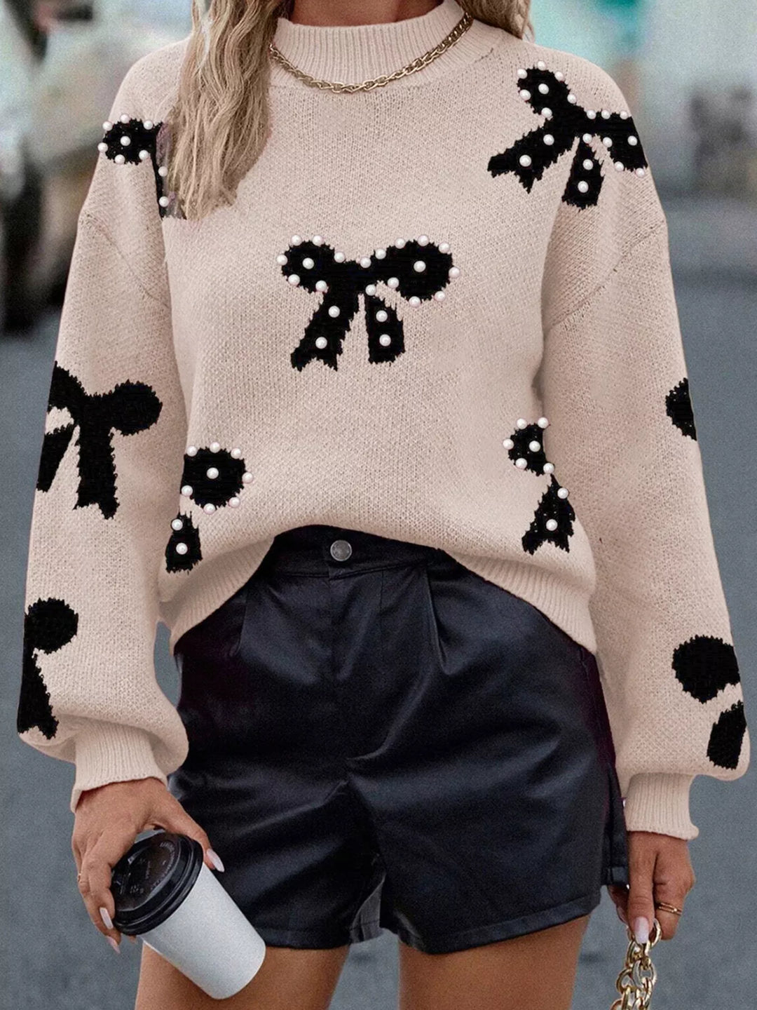 Dust Storm Pearl Embellished Bow Pattern Loose Sweater | Sweaters Daverri Fashions