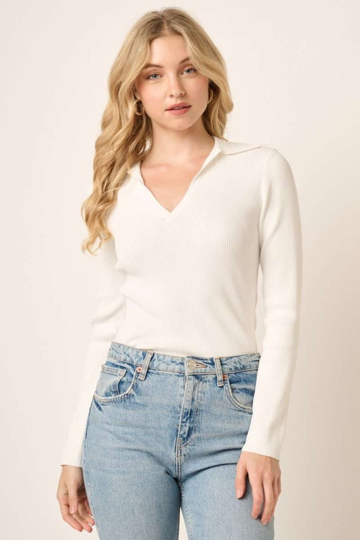 Mittoshop Polo Long Sleeve Ribbed Knit Top Ivory