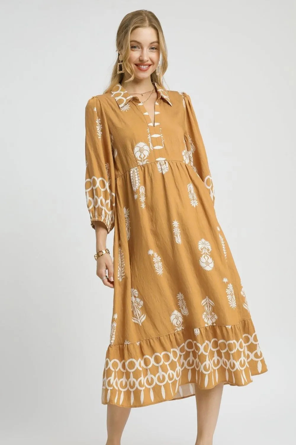 Umgee Ruffled Hem Printed Johnny Collar Midi Dress Mustard Midi Dresses