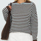 Cozy women’s dark brown and light blue striped dropped shoulder knit sweater