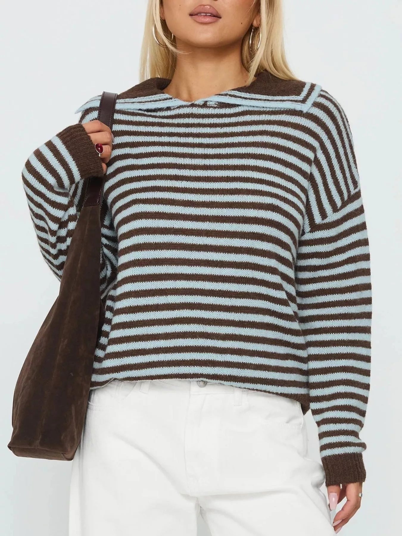 Cozy women’s dark brown and light blue striped dropped shoulder knit sweater