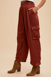 Anniewear Wide Leg Cargo Satin Pants Bottoms