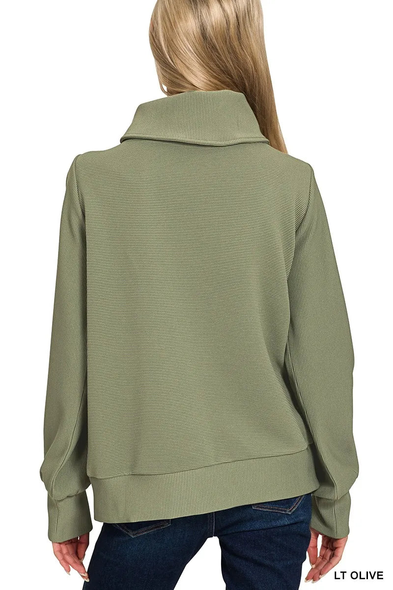 Zenana Ribbed High Neck Half Zip Pullover & Pants Set Outfit Sets