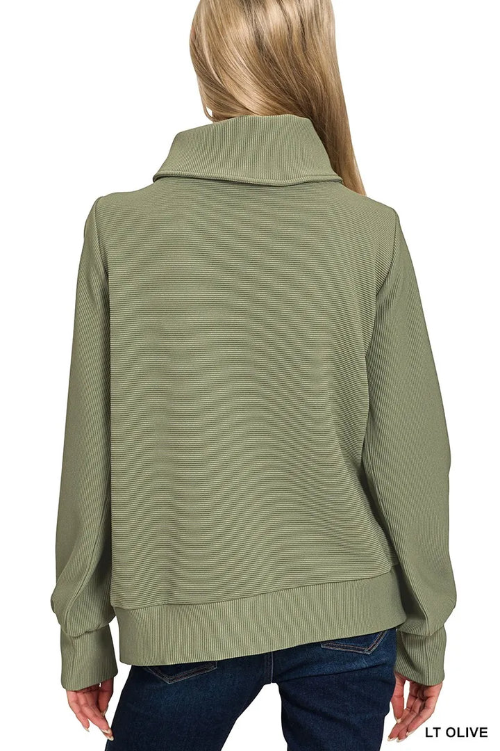 Zenana Ribbed High Neck Half Zip Pullover & Pants Set Outfit Sets