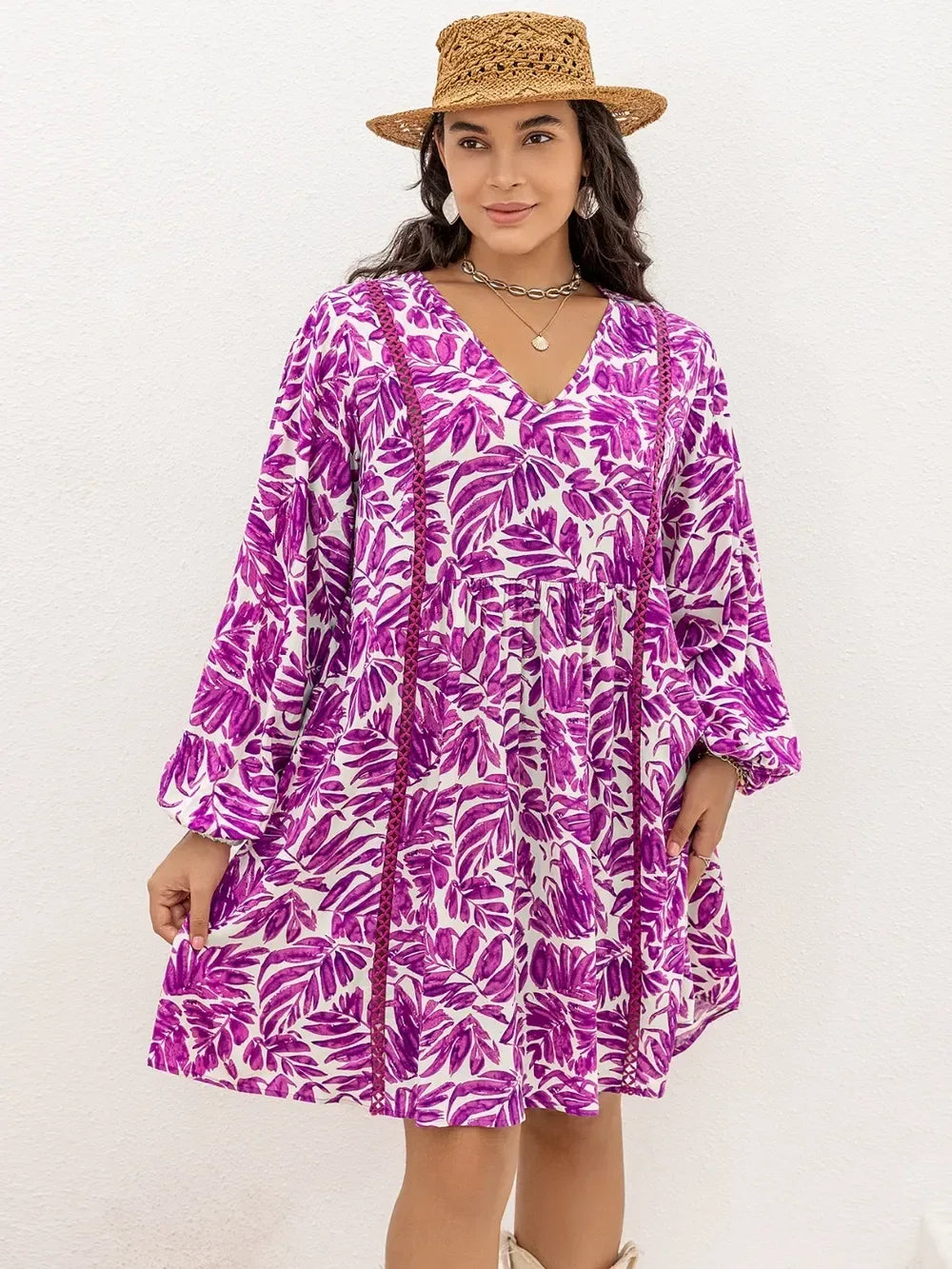 Plus Size Printed V-Neck Balloon Sleeve Mini Dress - DAVERRI FASHIONS