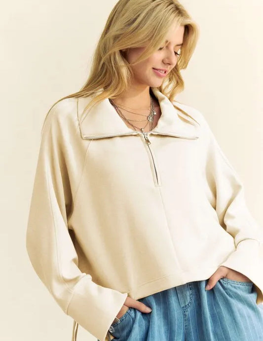 Ivory Davi & Dani Drawstring Hem Half Zip Raglan Sleeve Sweatshirt | Sweatshirts Daverri Fashions