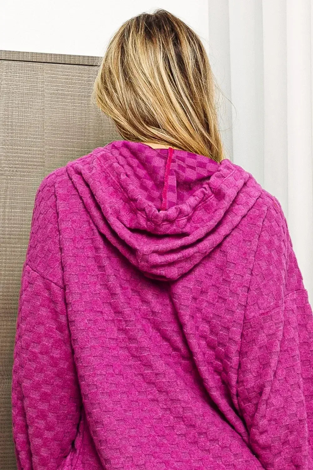 BiBi Brushed Checker Drawstring Long Sleeve Hoodie - DAVERRI FASHIONS