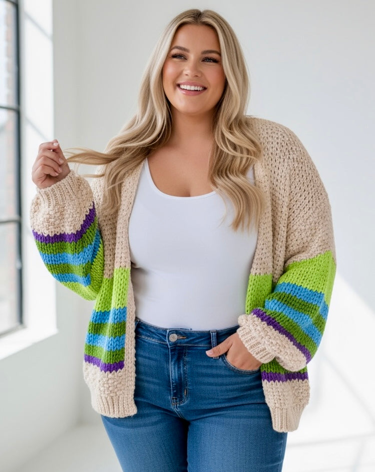Plus Size Color Block Crochet Open Front Cardigan | Daverri Fashions