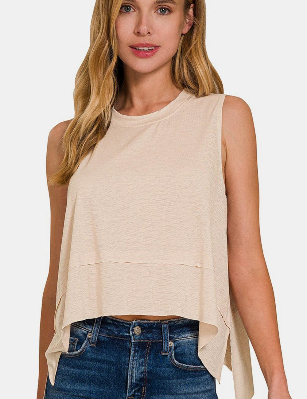 Zenana Exposed Seam Slit Round Neck Tank Sand Beige Tank Tops